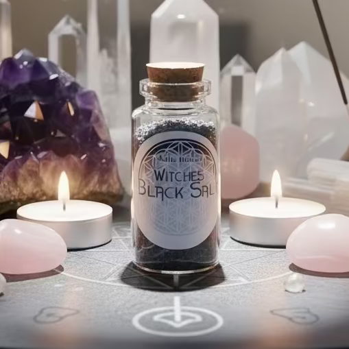 Witch's Black Oil bottle surrounded by candles, crystals, and amethyst on a table.